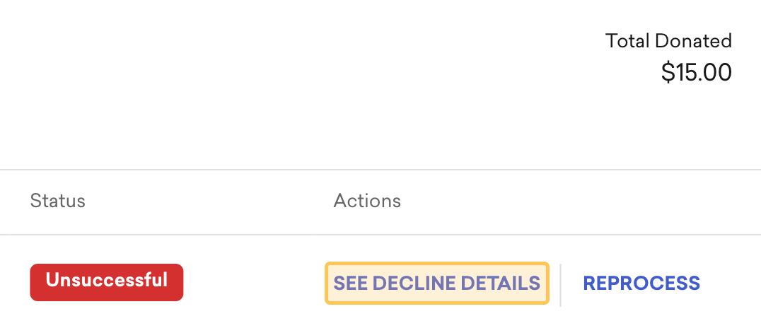 screenshot of an example failed recurring donation with the 'see decline details' button highlighted