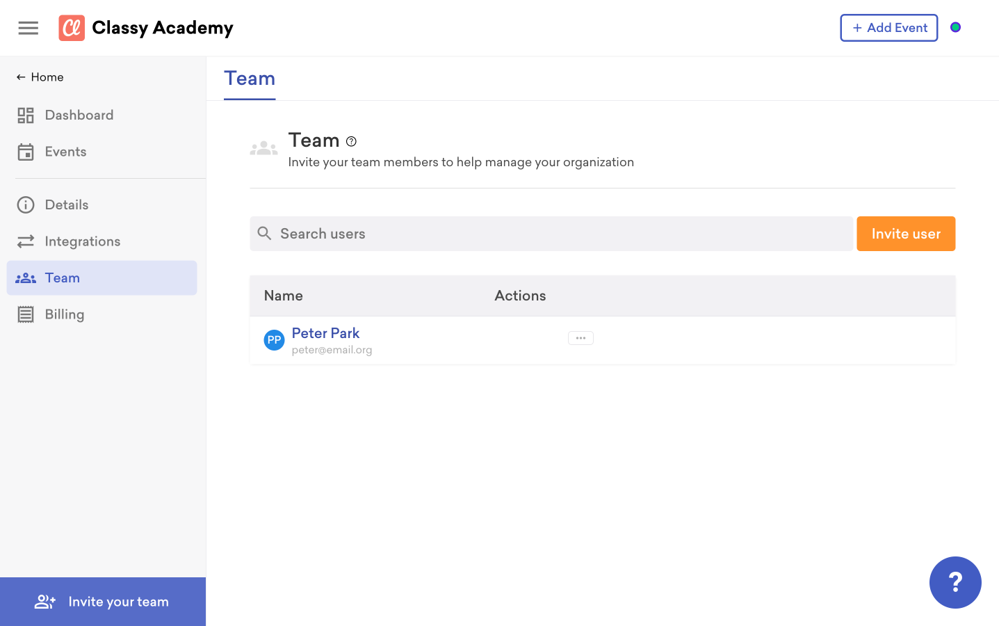 screenshot of the Team menu in Classy Live