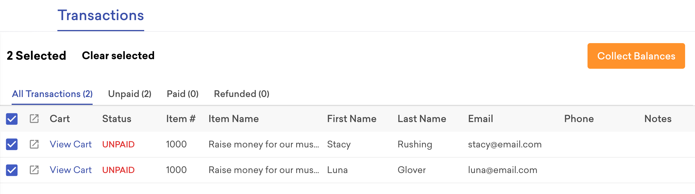 Transactions tab with Collect balances button