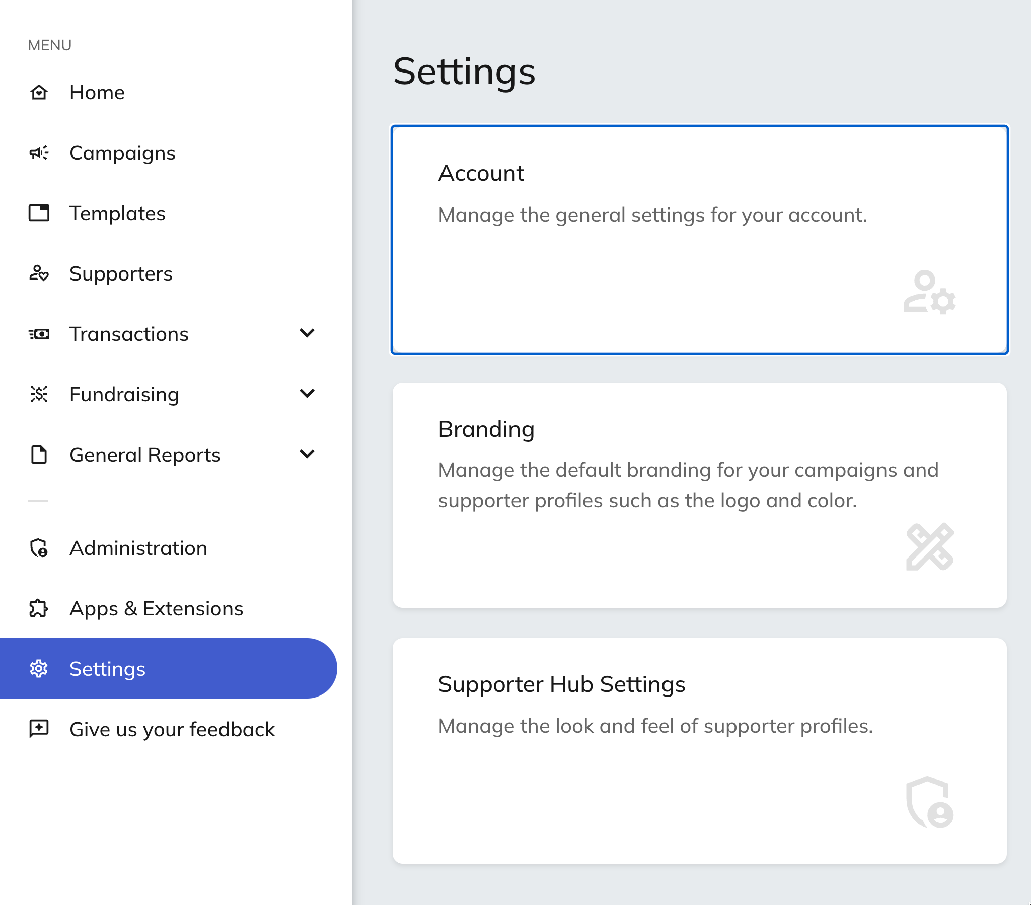 screenshot of Classy account settings