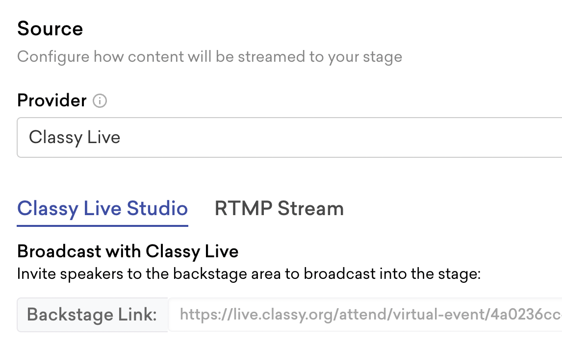screenshot of the classy live studio tab in stage