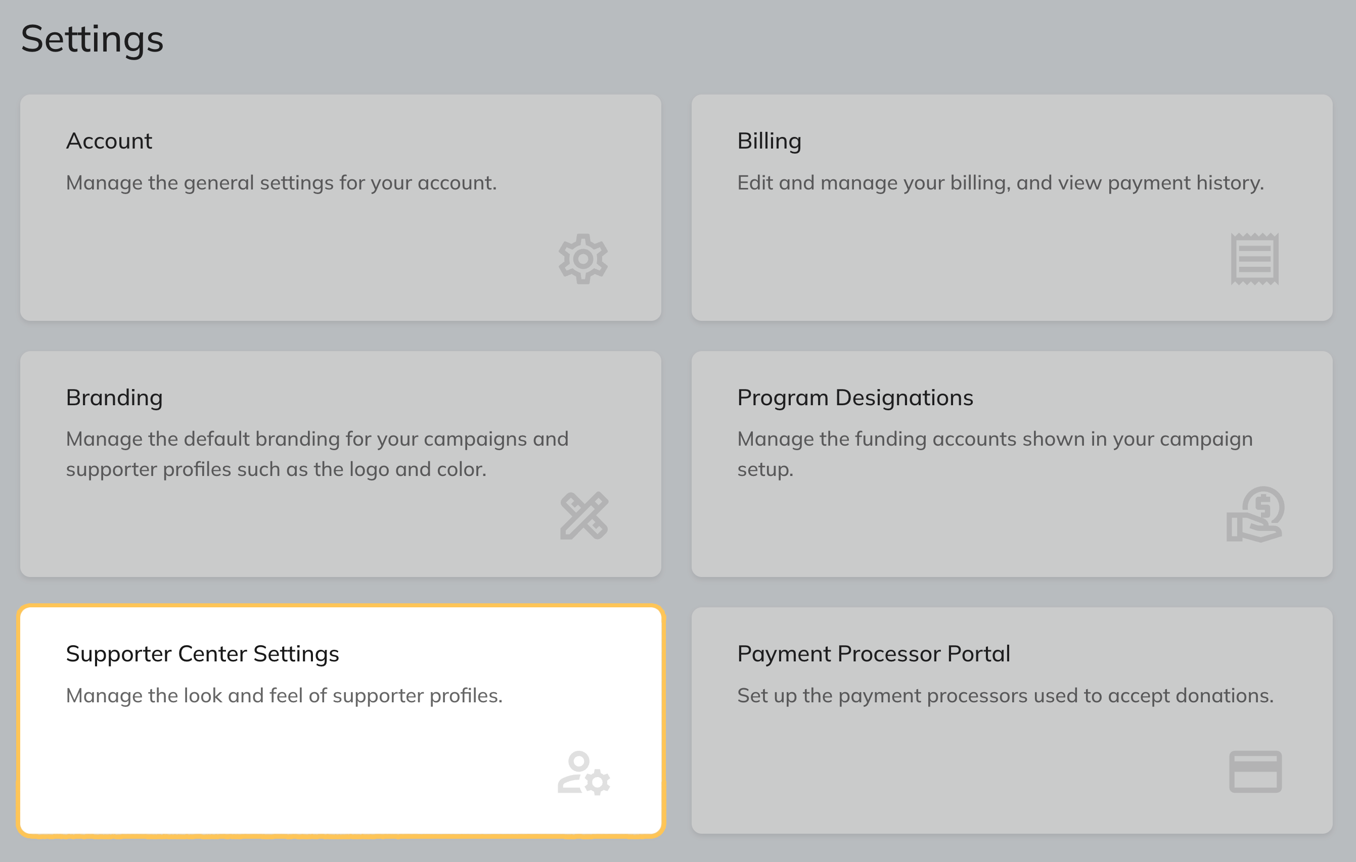 Account settings with supporter center settings highlighted
