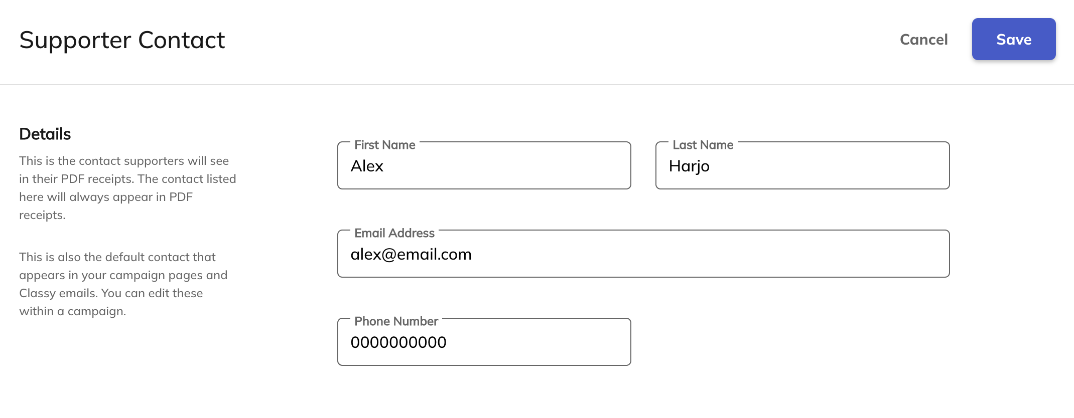 Default contact info settings