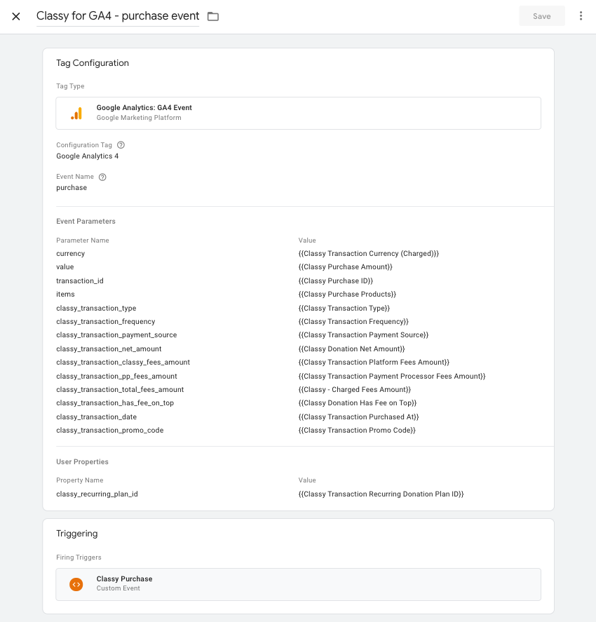 screenshot of a purchase event tag in GTM