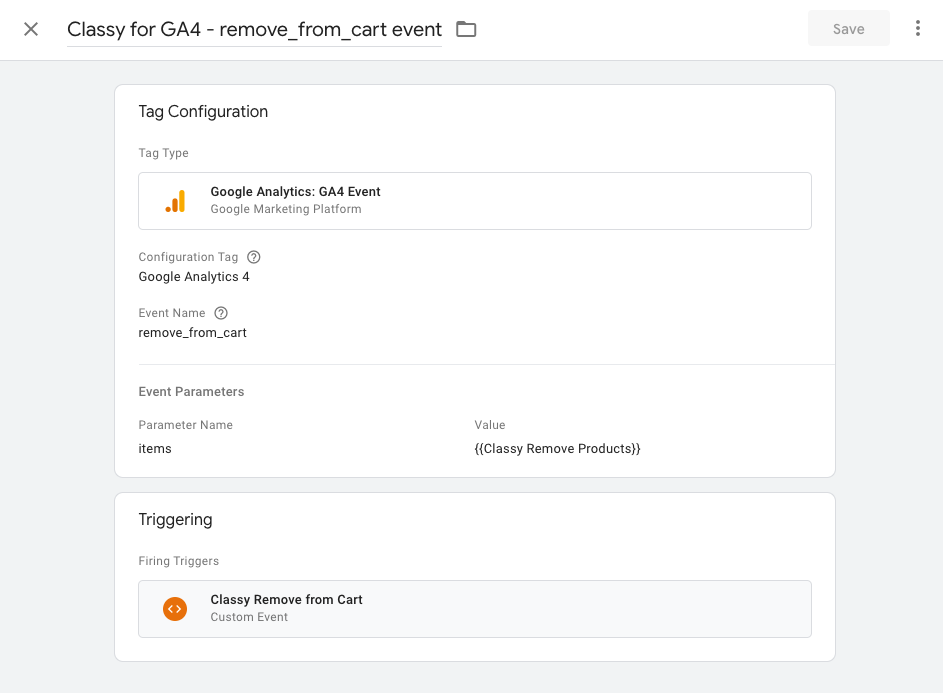 screenshot of a remove_from_cart event tag in GTM
