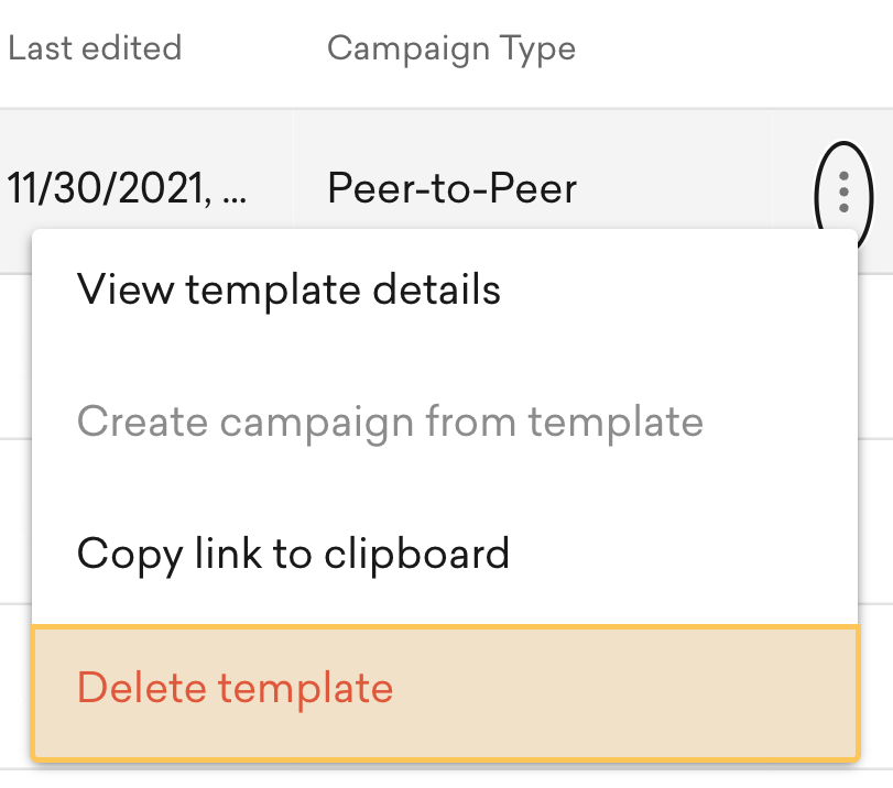 Screenshot of the delete template button