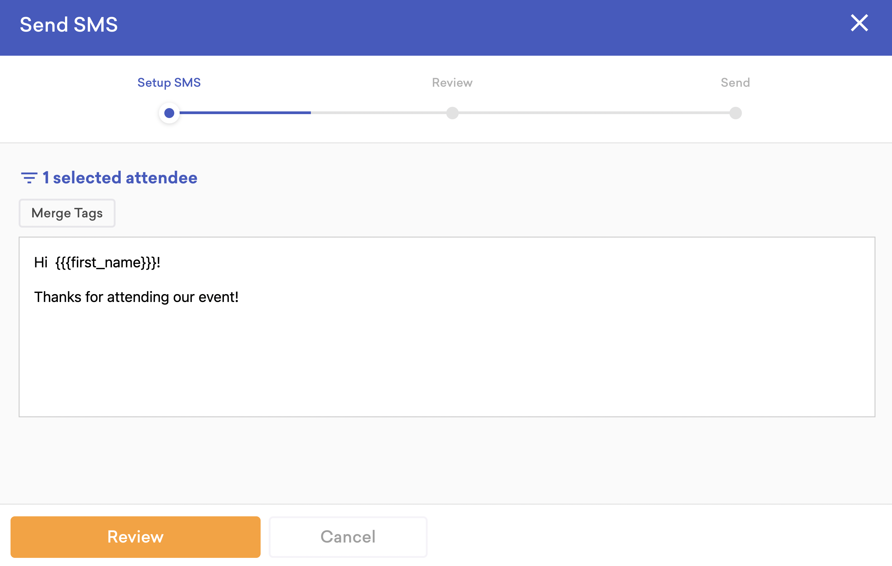 screenshot of the send sms pop-up