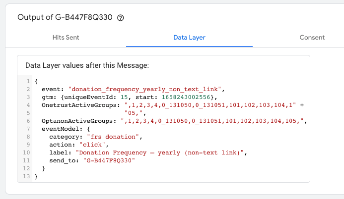 screenshot of the gta event details page with data layer highlighted