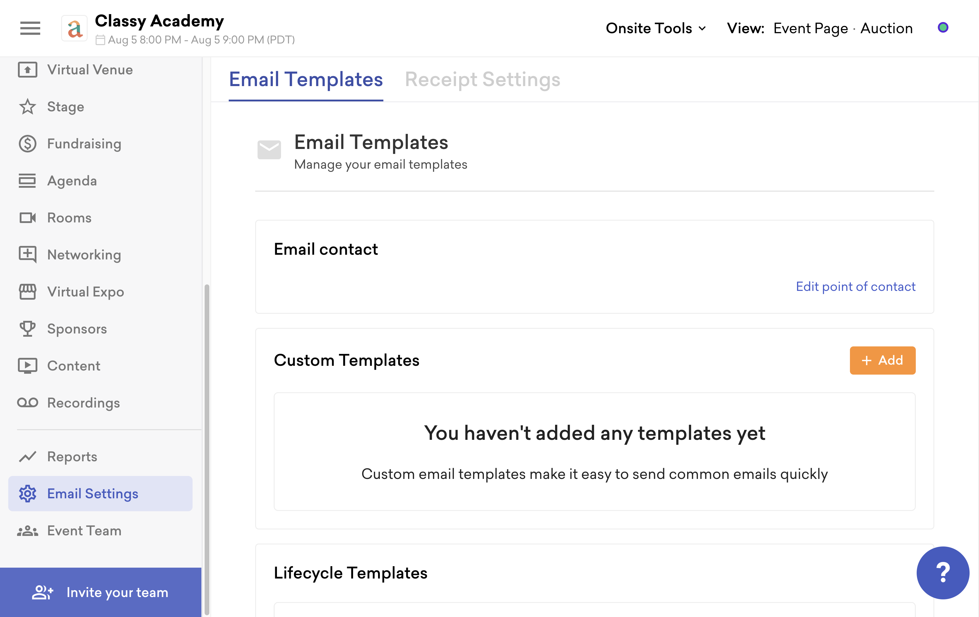 screenshot of the email templates page