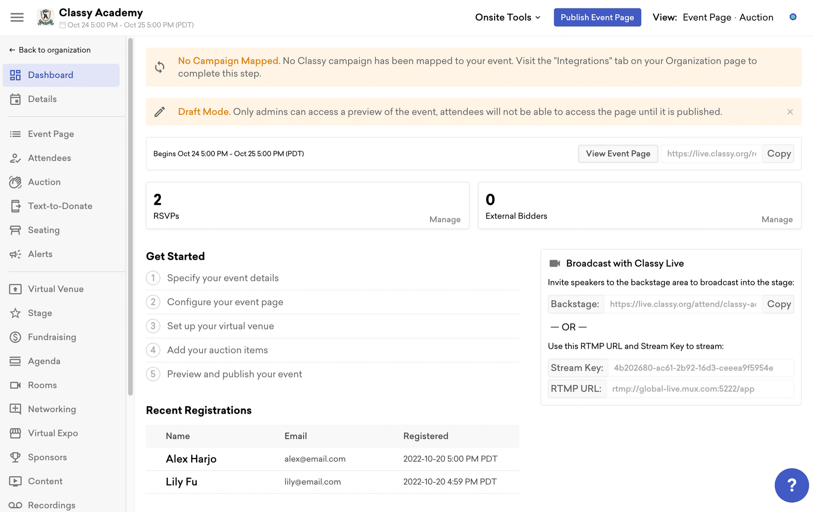 Classy Live event dashboard