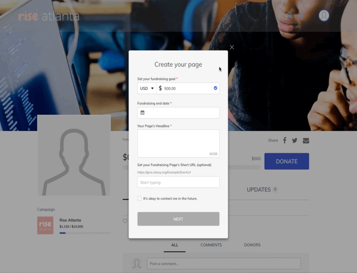 video showing individual fundraising page setup