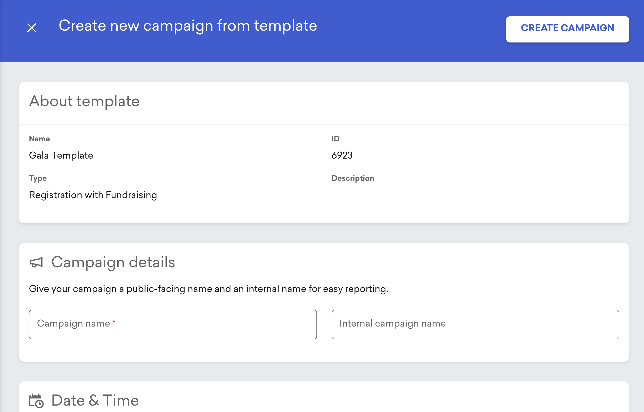 Screenshot of the create a campaign from a template form