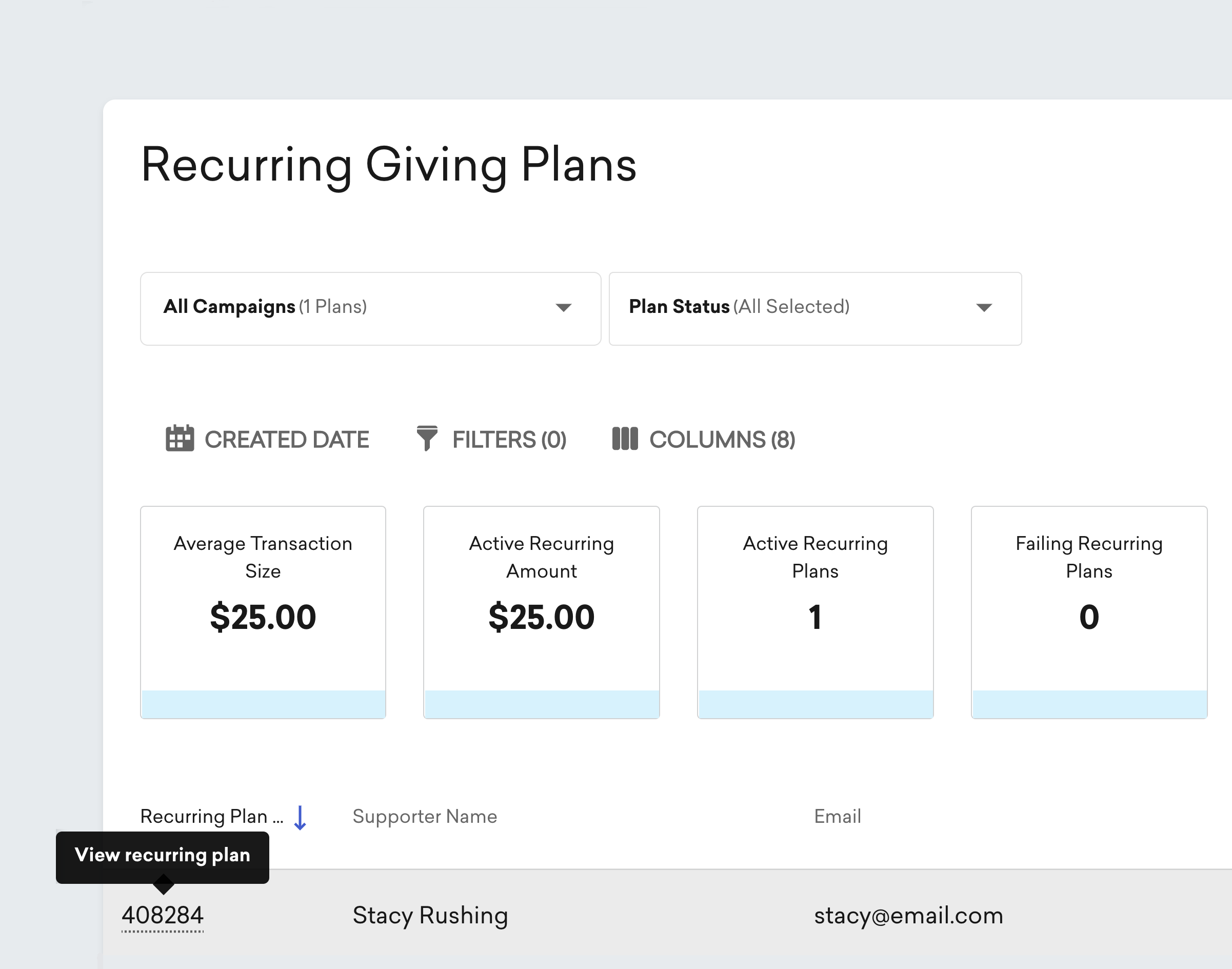 An image of the recurring giving plans page