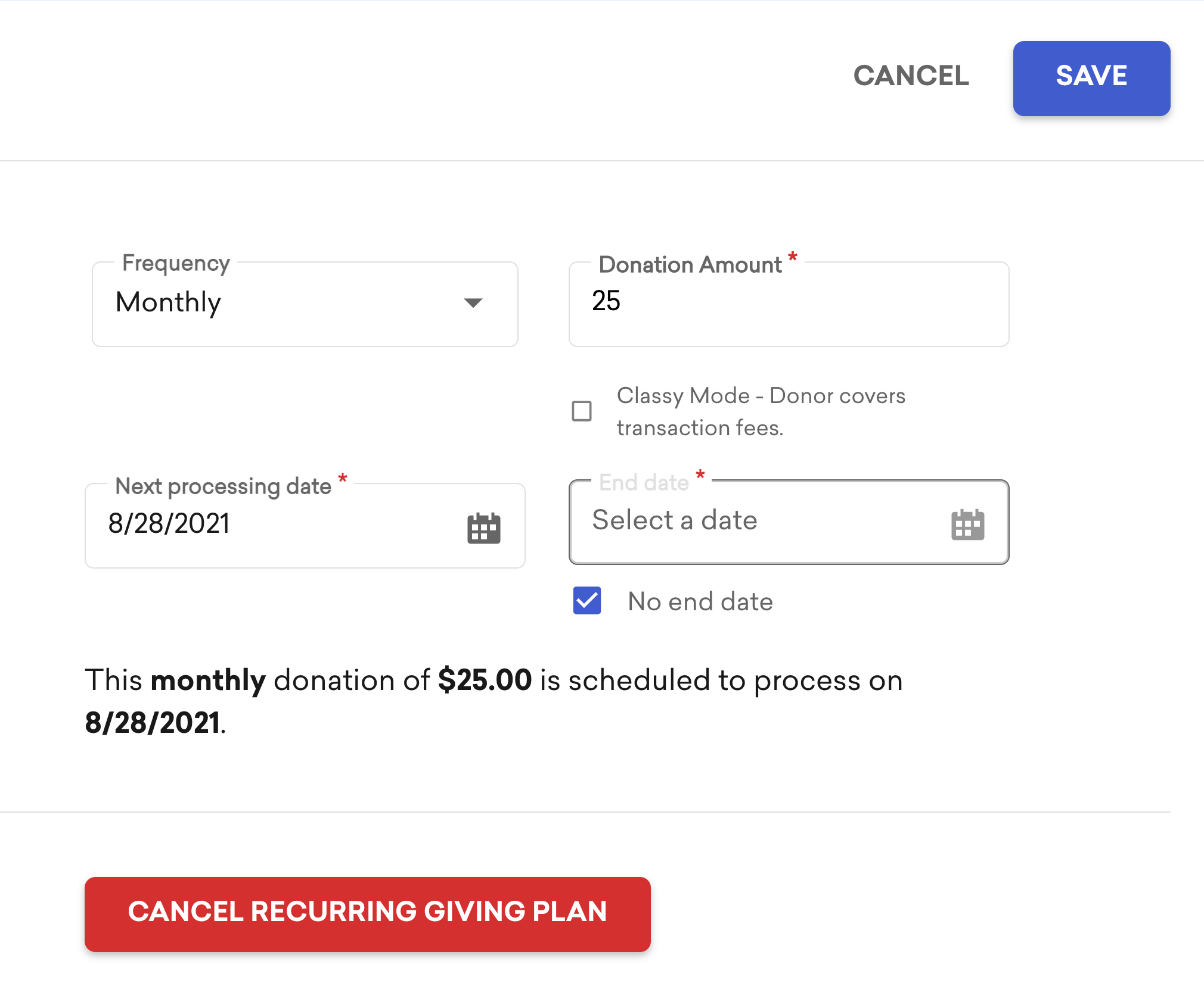 An image of the recurring giving plan options
