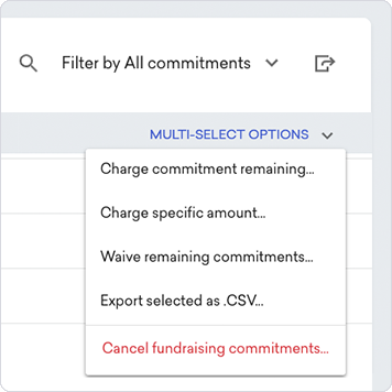 screenshot of the multi-select options in fundraising commitments 
