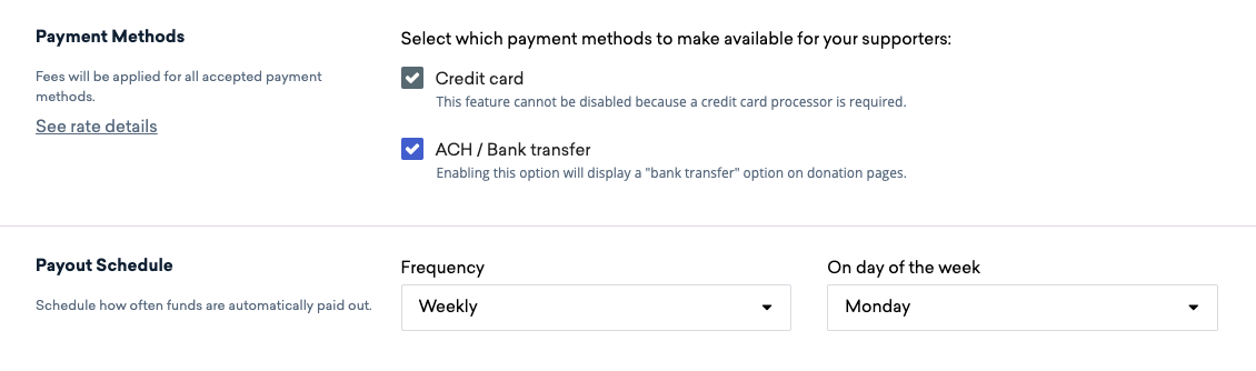 Payout schedule section for classy pay