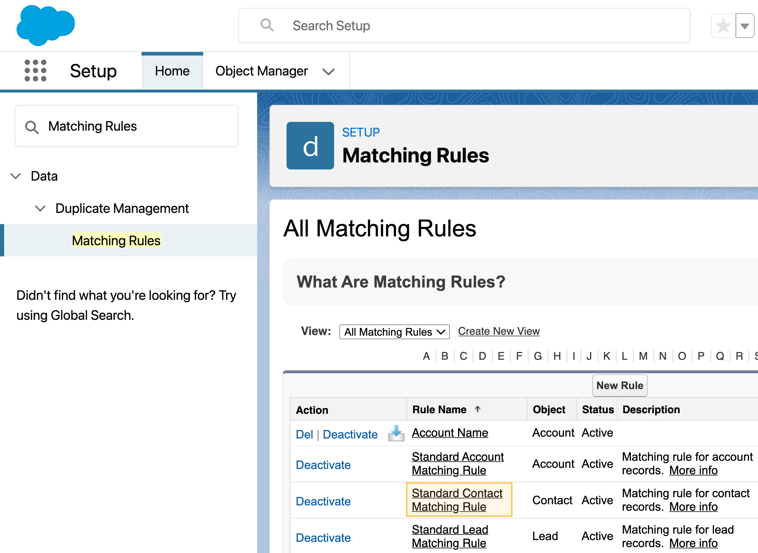 screenshot of matching rules page in Salesforce