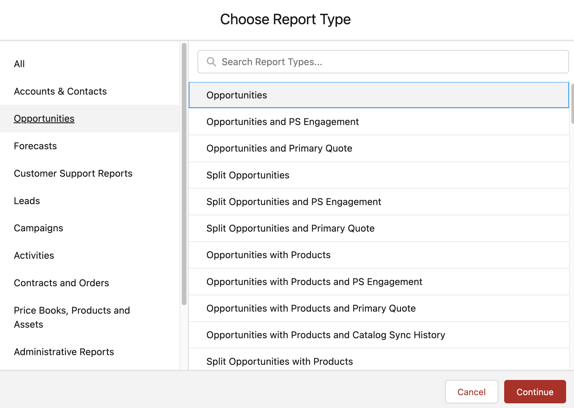 An image showing the report types in Salesforce