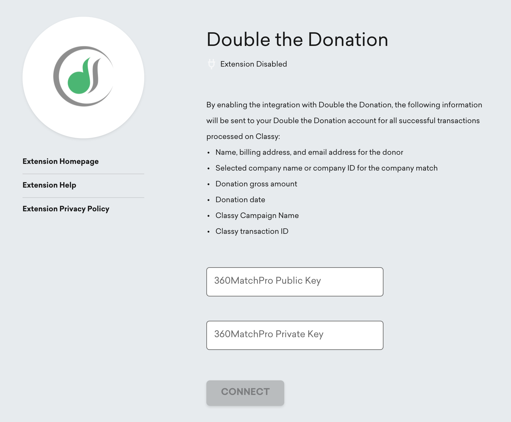 an image of the fields for the public and private double the donation keys in Classy