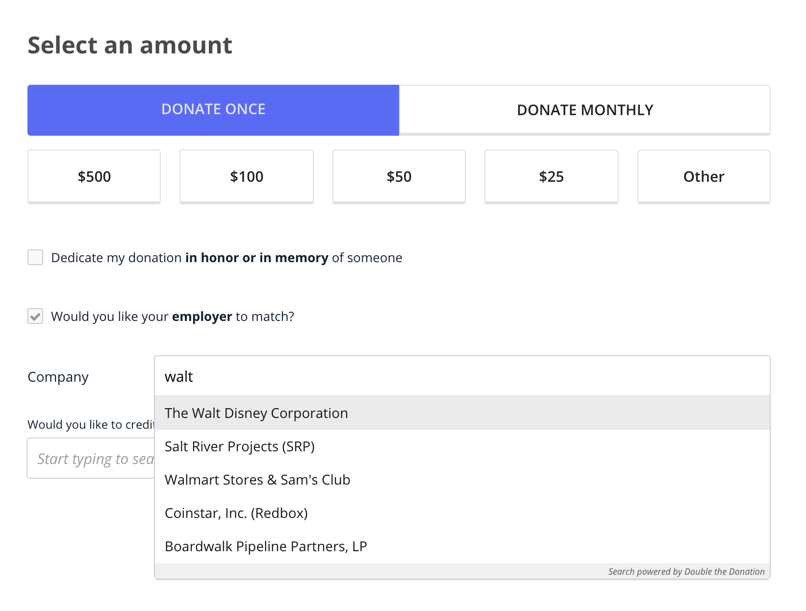 an image of a classy donation page with the checkbox for donation matching