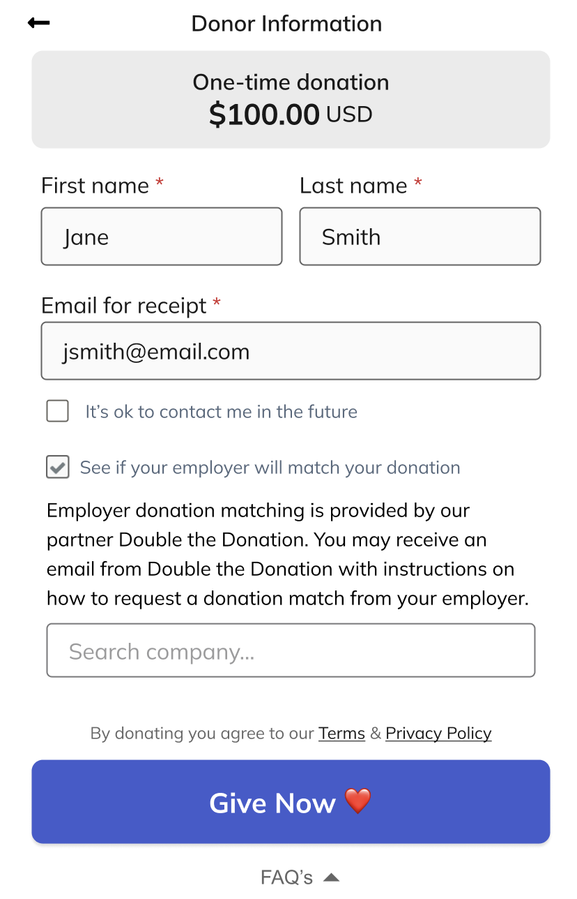 an image of a classy embedded donation page with the checkbox for donation matching