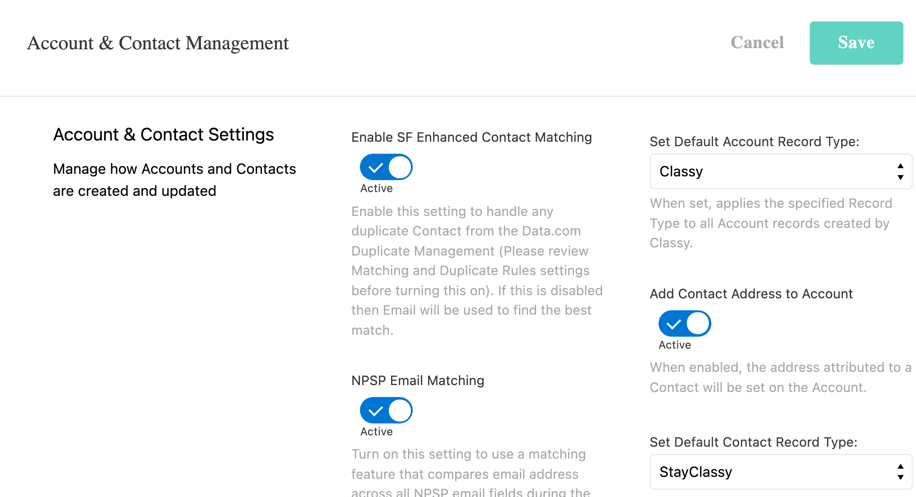 screenshot of the classy for salesforce account and contact settings tab