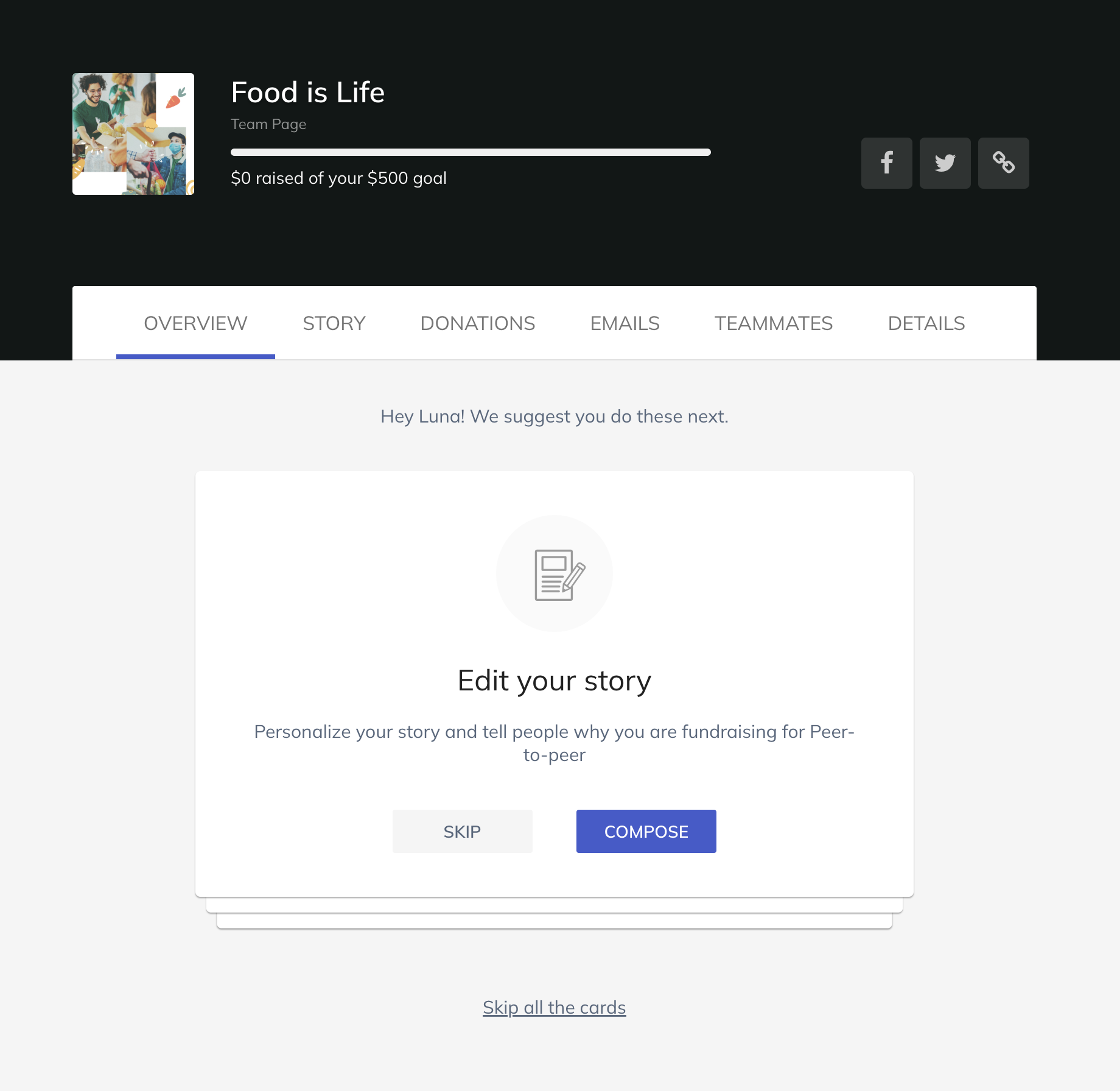 overview tab that appears after opening the editor for a team fundraising page
