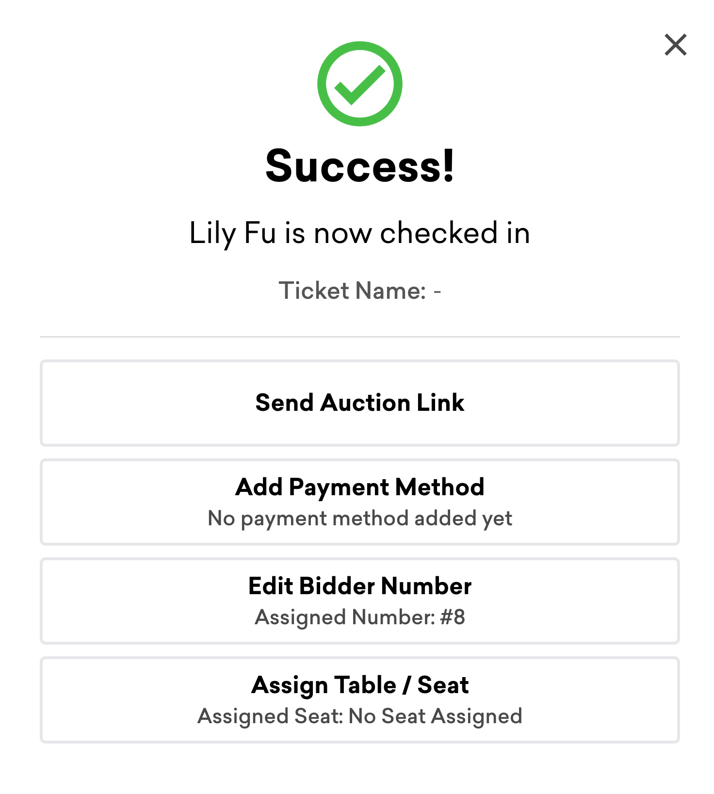 Screenshot of the successful check-in options