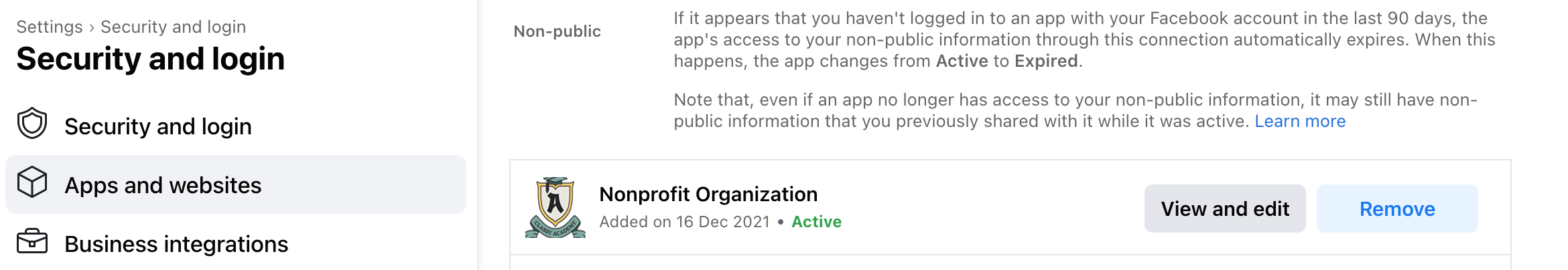 screenshot of the remove button in facebook