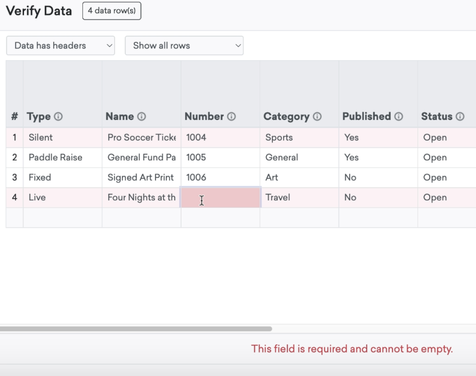 screen showing errors in import file with error message