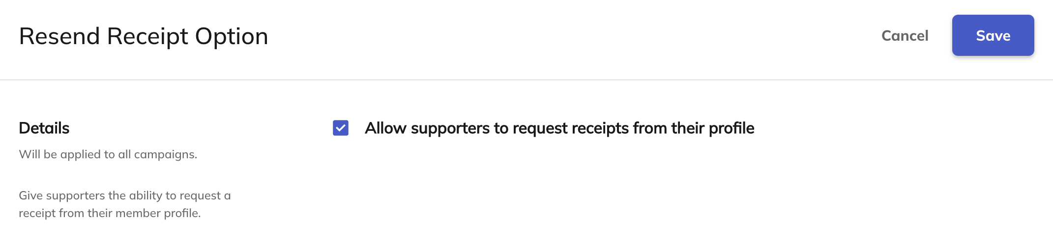 Screenshot of the donation receipt option