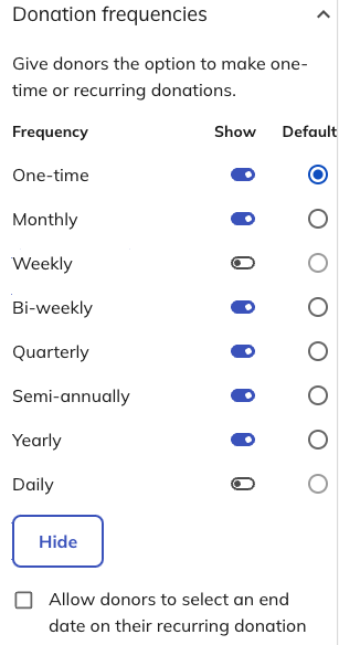 an image of the recurring frequencies options
