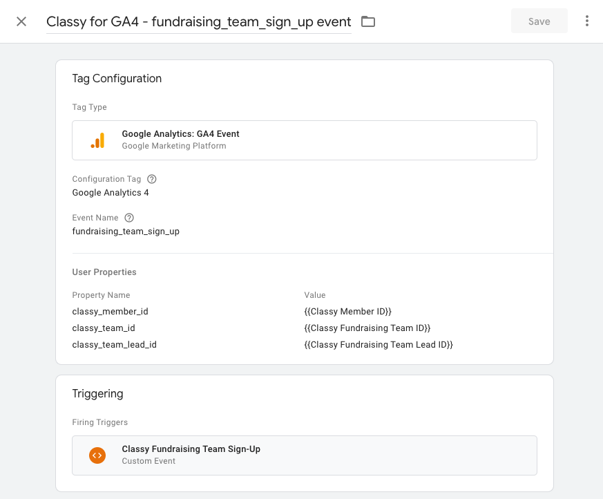 screenshot of the fundraising_team_sign_up event tag in GTM