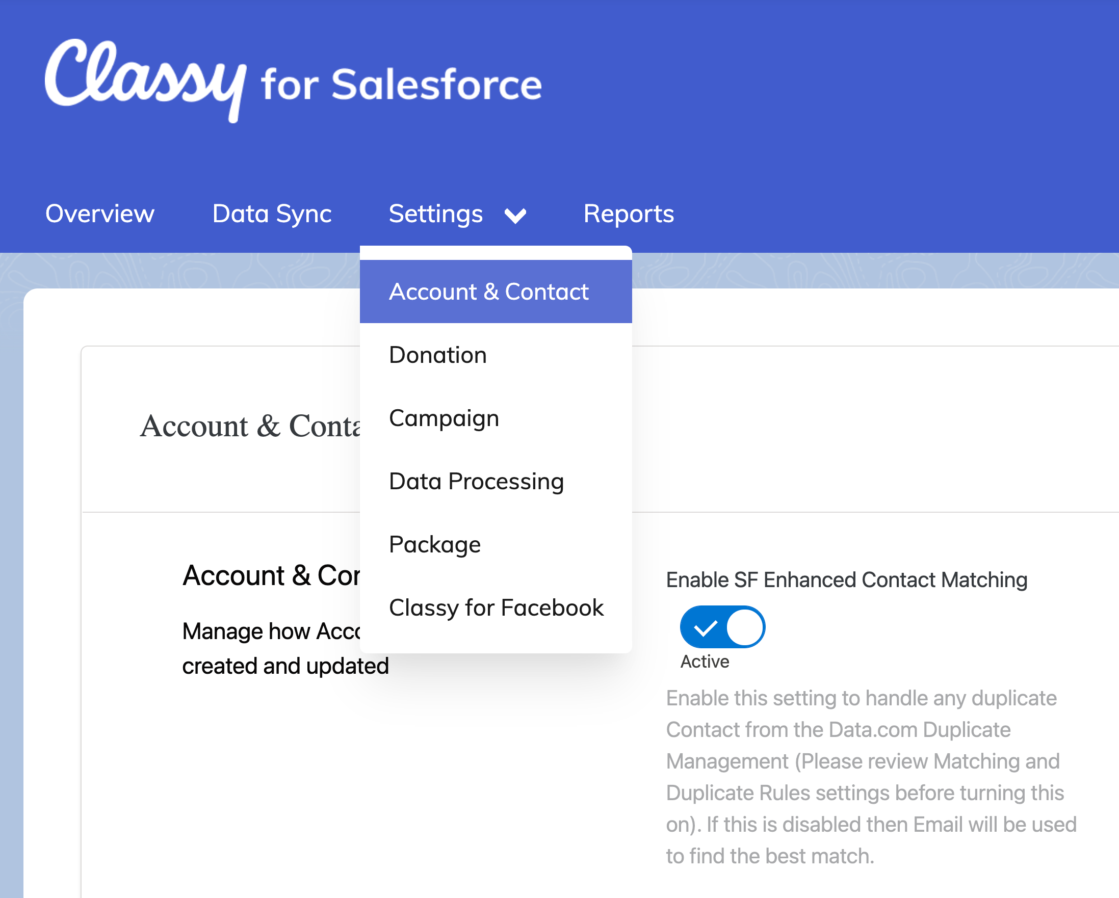 screenshot of account and contact settings on the classy control panel