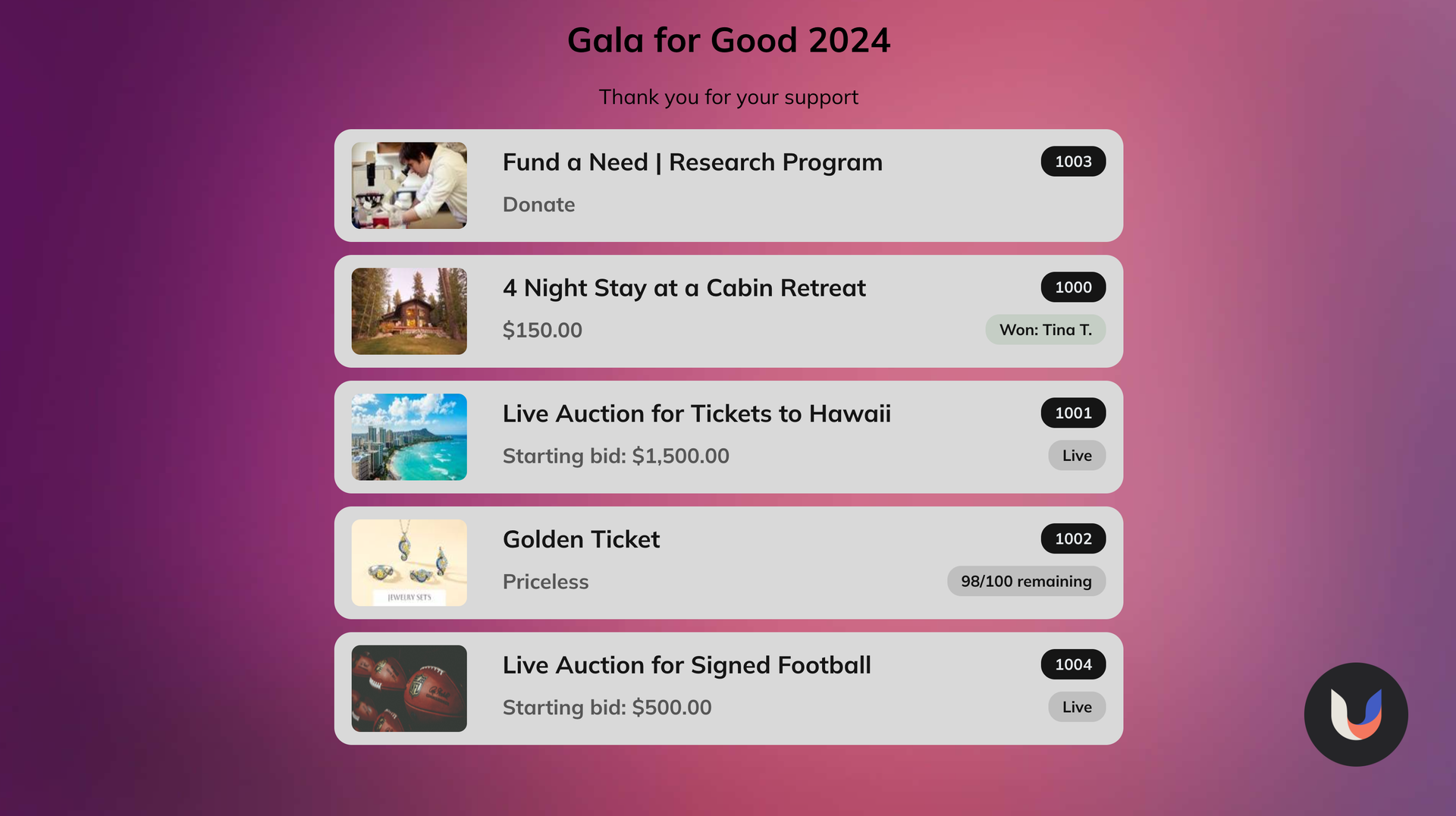 Screenshot of a sample auction items display
