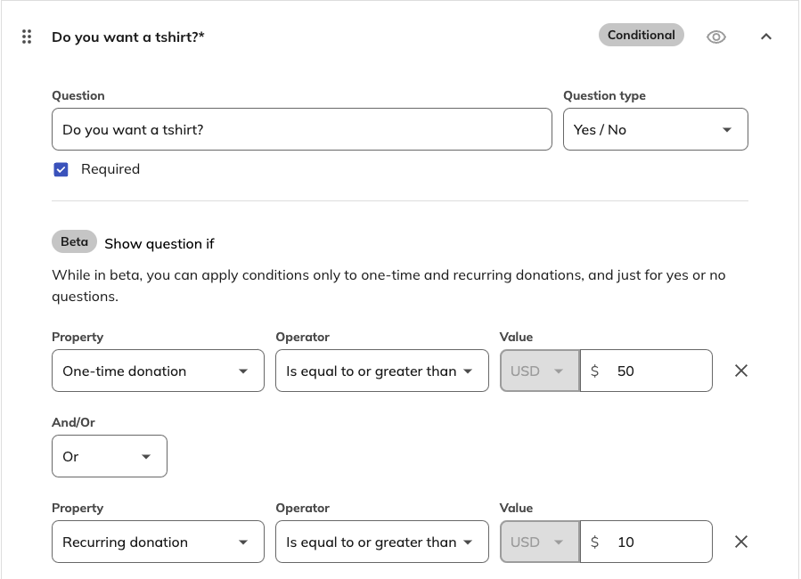 screenshot of the inclusive options