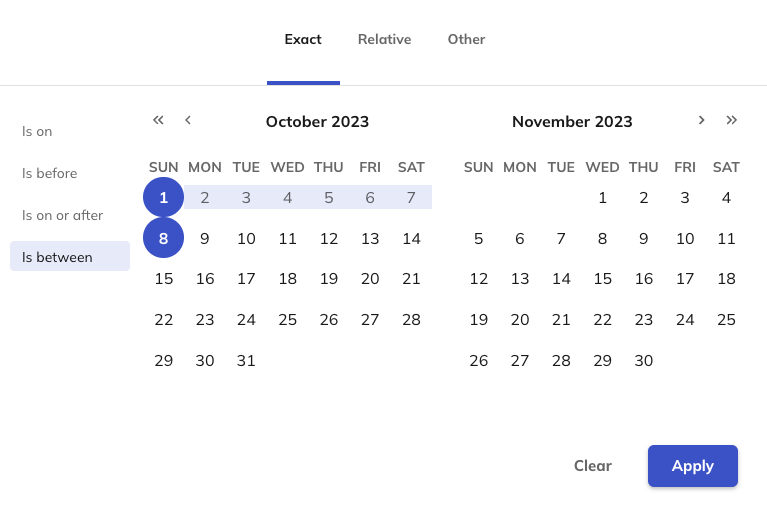 An image of the date range calendar view