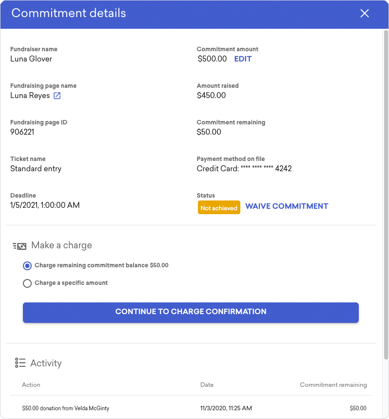 screenshot of an individual's fundraising commitment details 