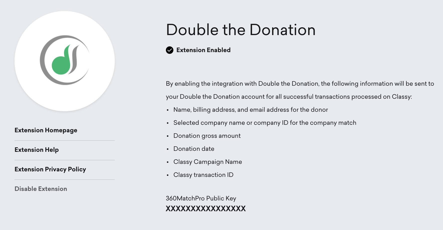 an image of the double the donation extension after it is enabled