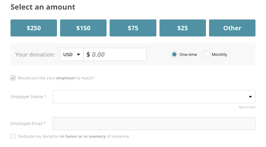 image of a donation page with employer matching fields