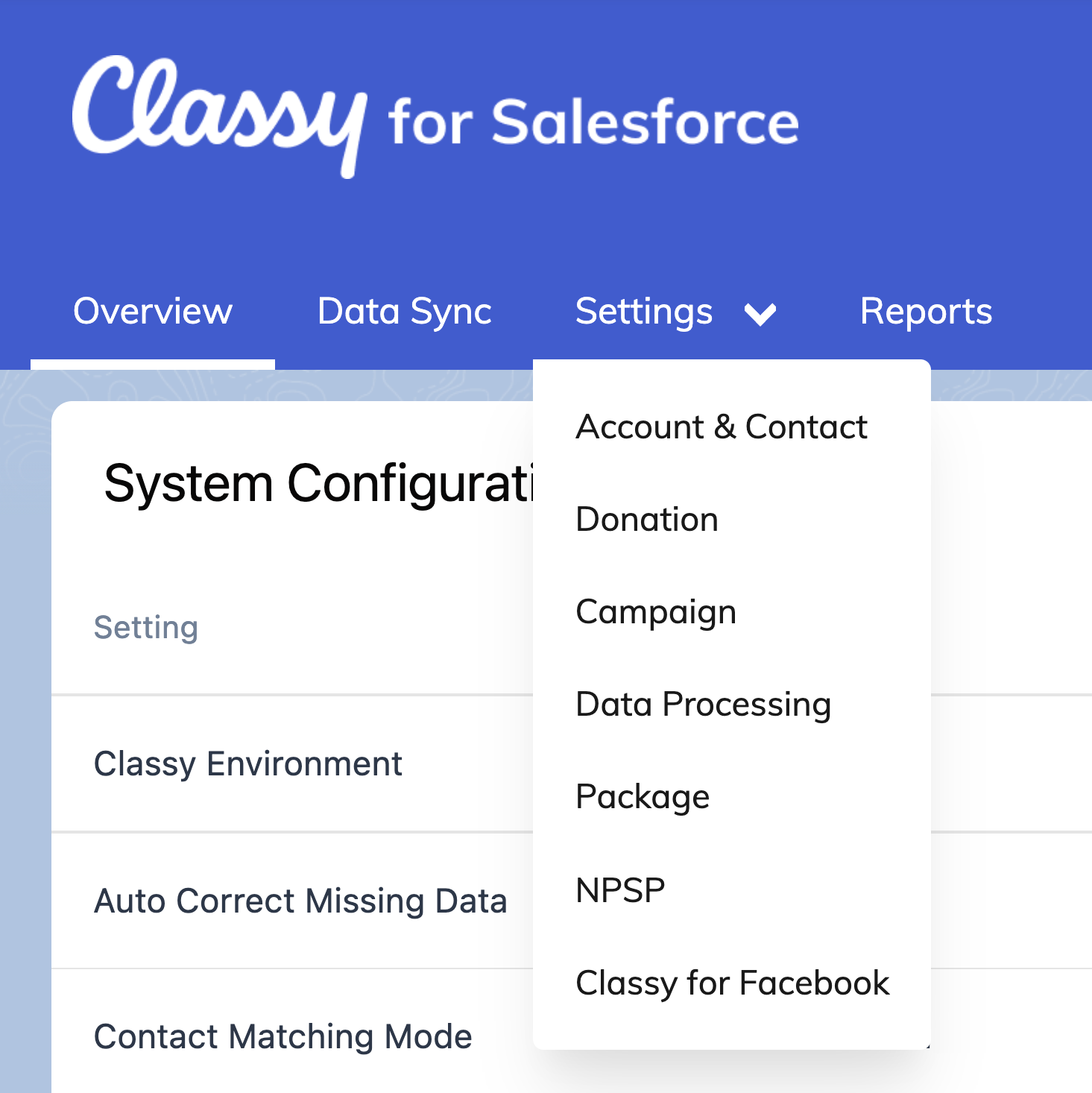 screenshot of the settings dropdown on the Classy control panel