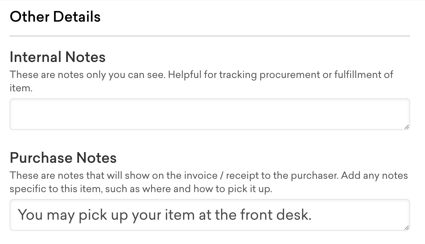Purchase notes field