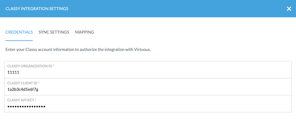 screenshot of the credentials tab in Virtuous