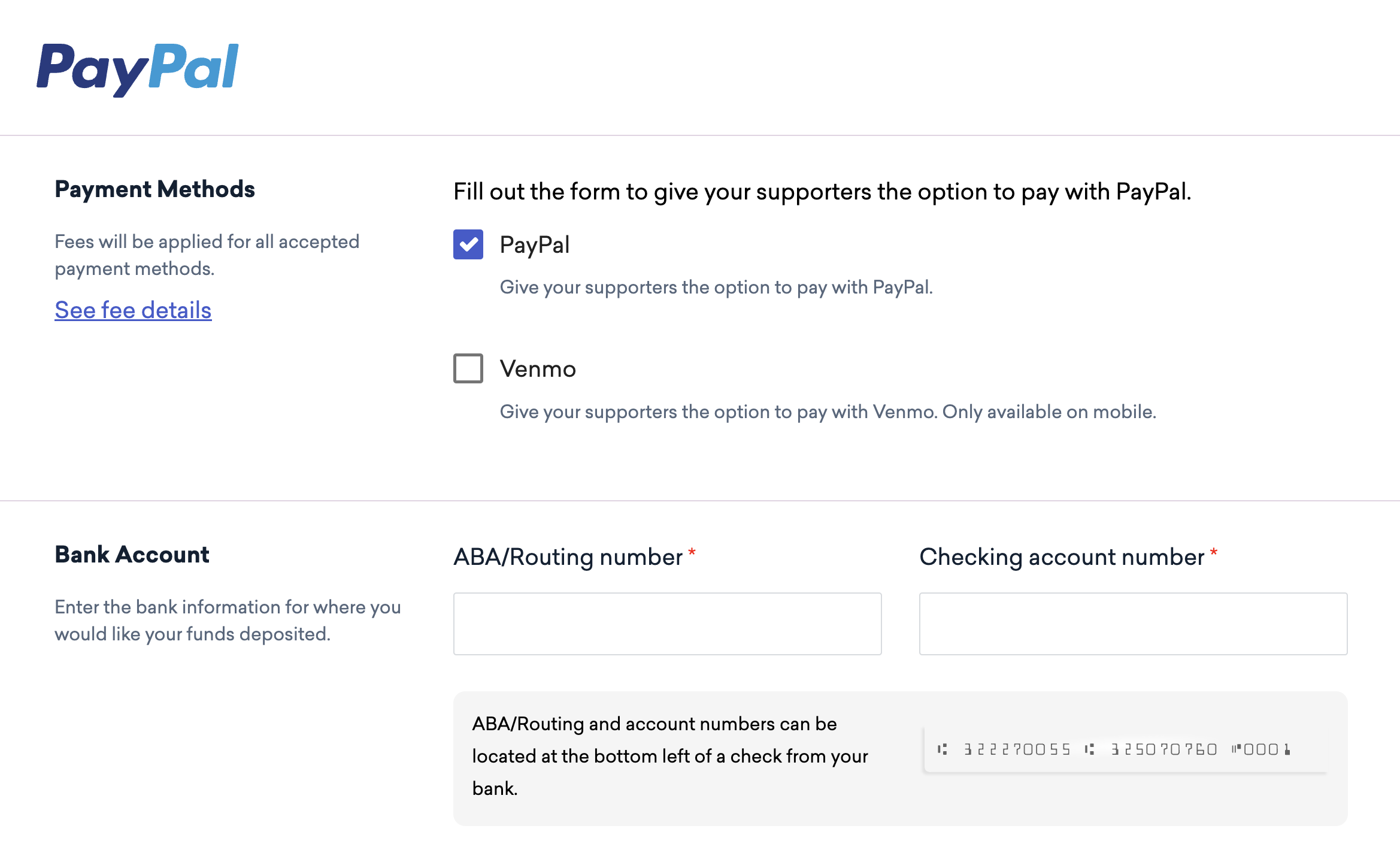 Form to complete PayPal activation on Classy Pay.