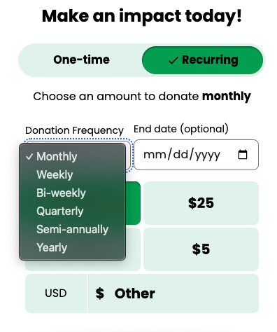an image showing recurring frequencies on a Classy donation page