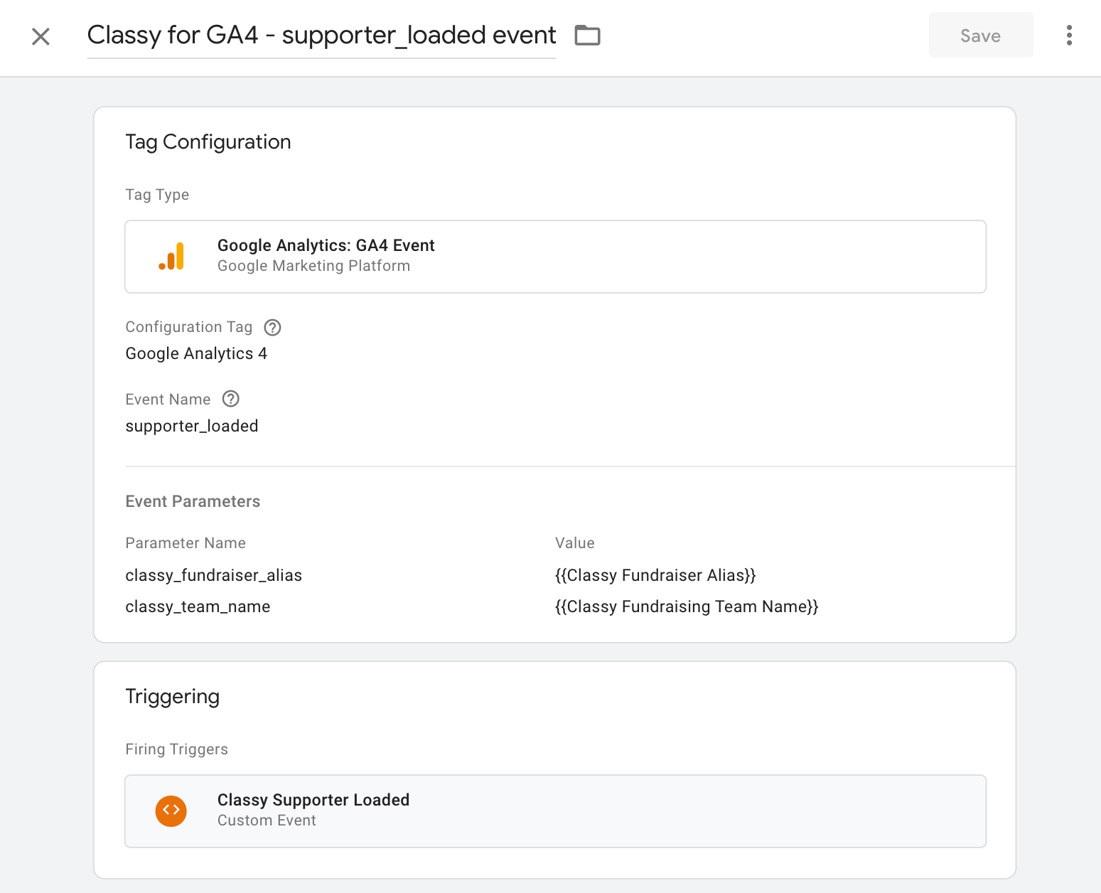 screenshot of a supporter_loaded event tag in GTM