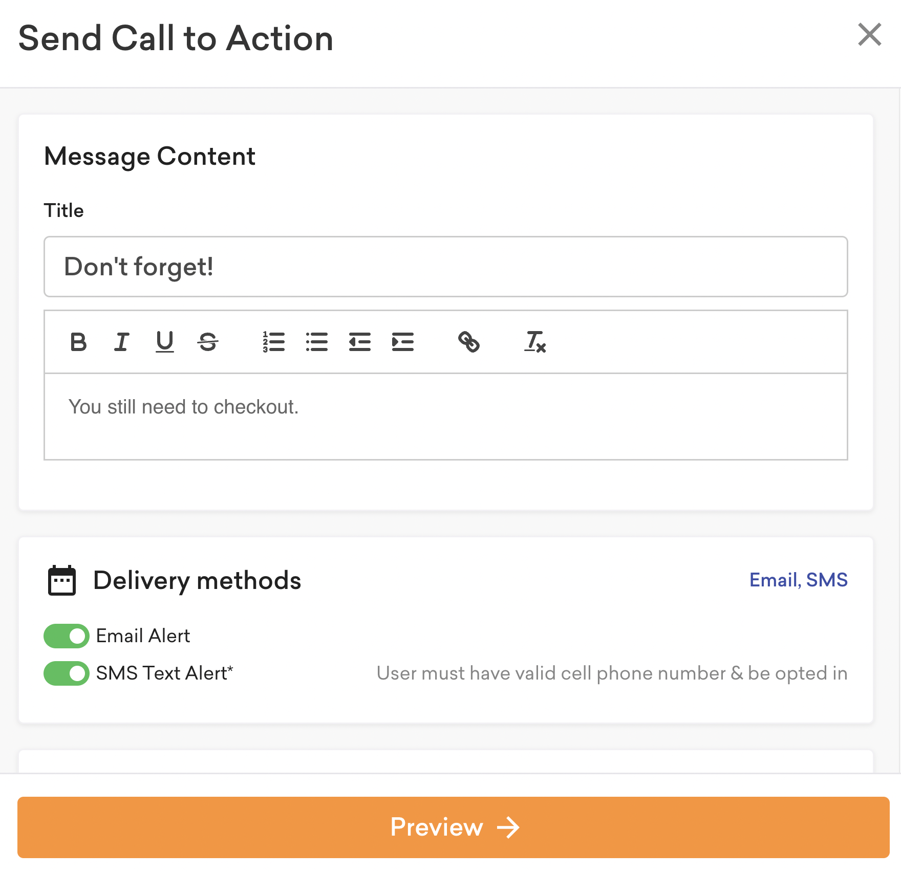 screenshot of the send call to action pop-up