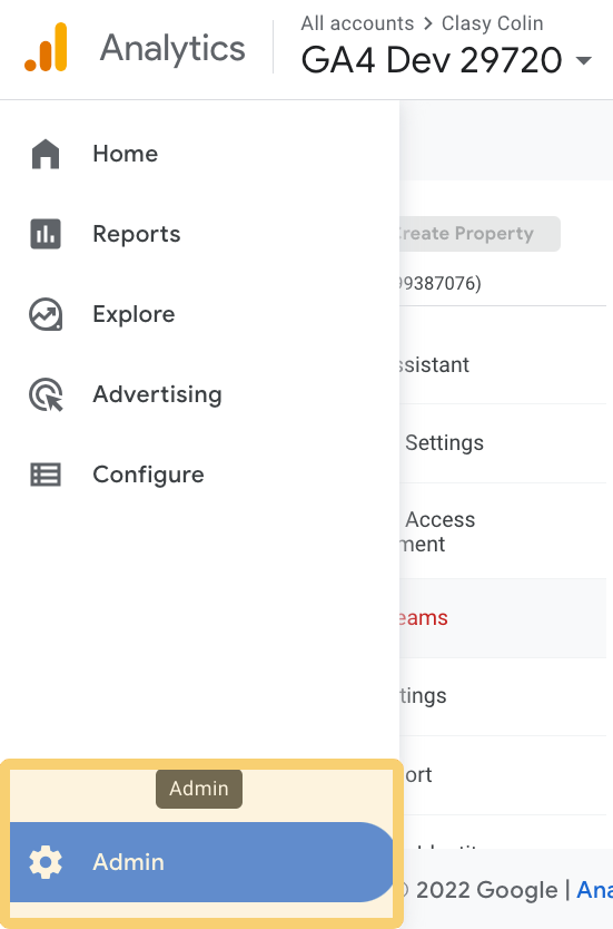 screenshot of the ga4 nav menu with admin highlighted