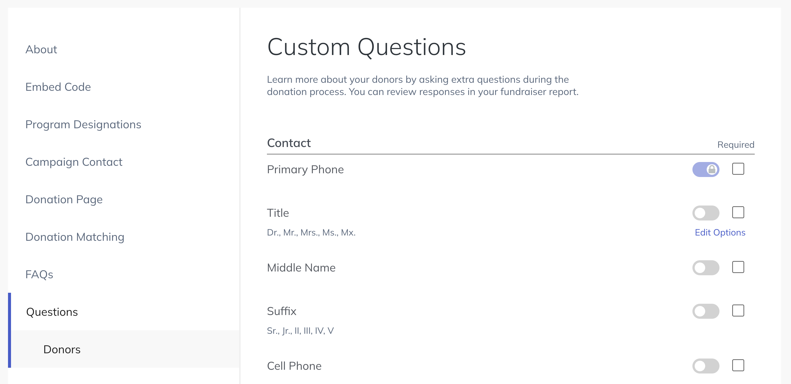 screenshot of the custom questions menu