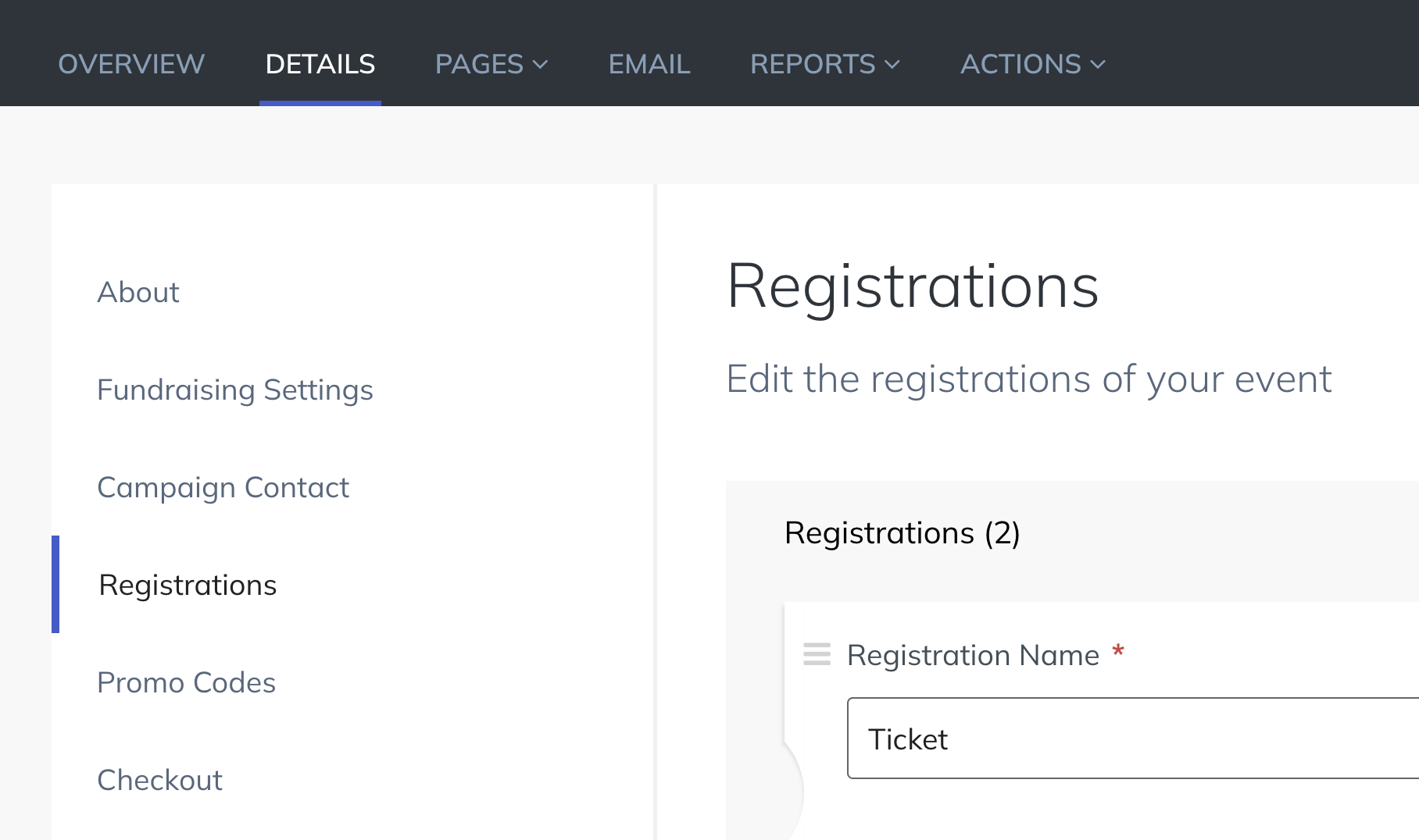An image of the details and registration section of a registration with fundraising campaign